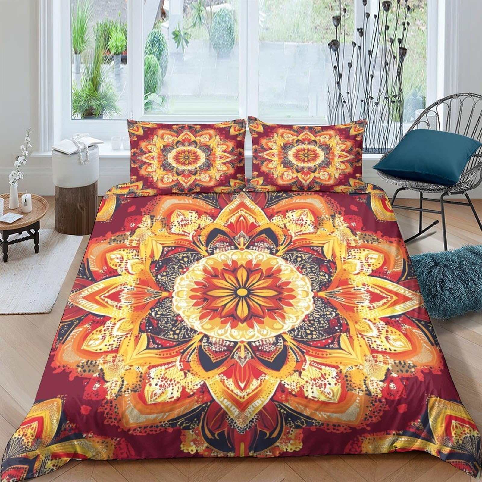 Ctjqhvkz Style-6 3D Printed Mandala Sunburst Fitted Sheet Microfiber Soft Orange Yellow Boho Floral Bed Cover For Bedroom Guestroom Decor Single（135X200cm）