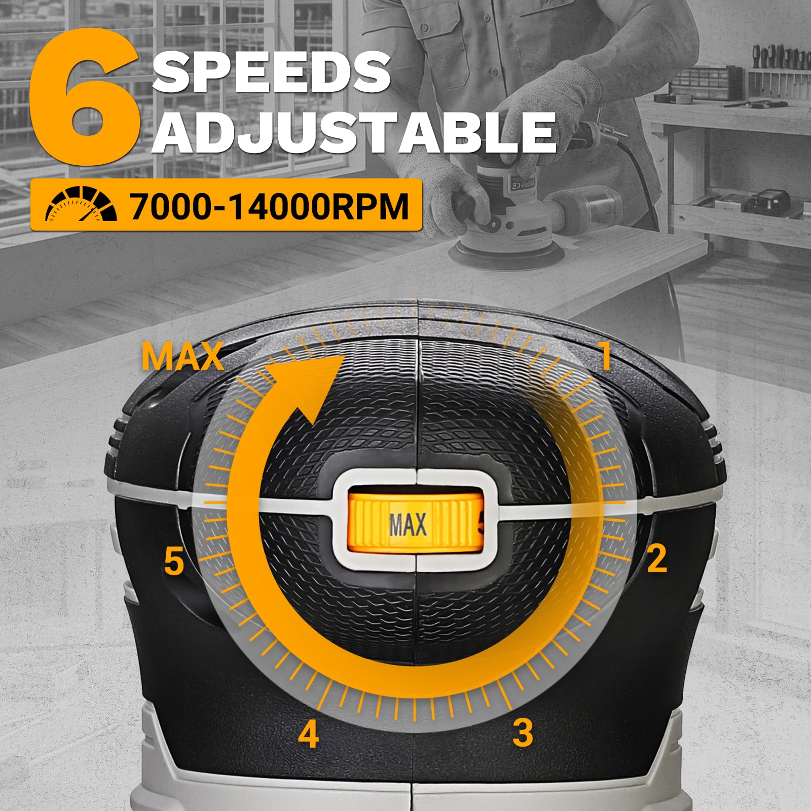 DEKOPRO Levigatrice Orbitale 450W, 125mm con Raccolta Polvere e 16 Dischi Abrasivi, 6 Velocità 7000-14000RPM, Levigatrice Rotorbitale per Legno, Adatta per Levigare, Lucidare Legno, fai da te