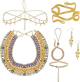Heliltd 5pcs Egyptian Costume Jewelry Accessories Set for Women Adjustable Head Chain Snake Earrings Beaded Necklace Arm Cuff and Hand Chain Bracelet for Adult Halloween Cosplay Festival