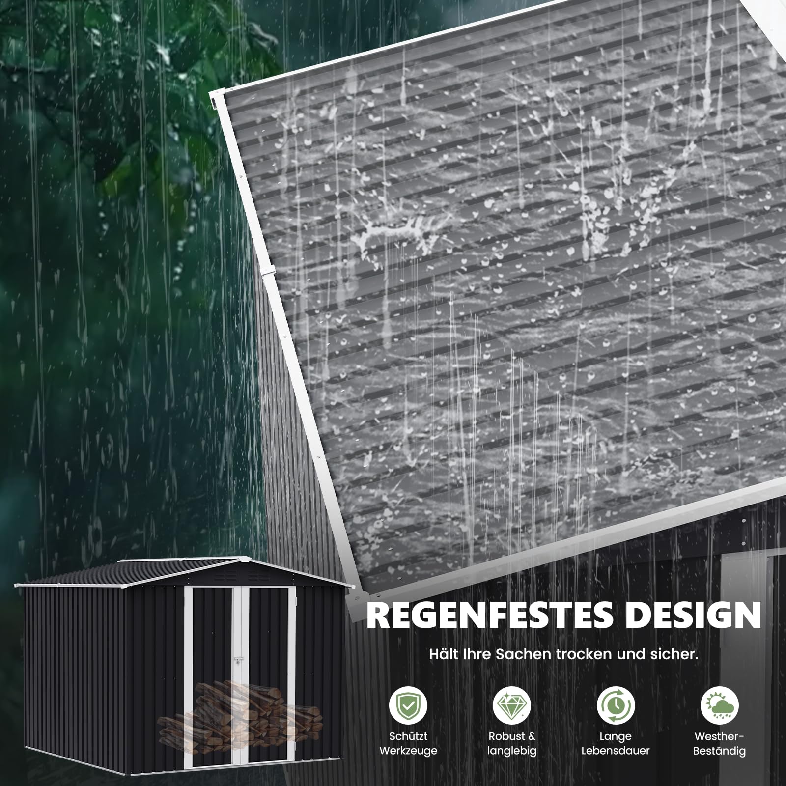 UDPATIO Metall Gartenhaus mit 10 m³, Pultdach - 250 x 248 x 194 cm für den Außenbereich, Geräteschuppen, Fahrradgarage, Verzinkter Stahl mit Abschließbarer Tür für Hinterhof,Dunkelgrau