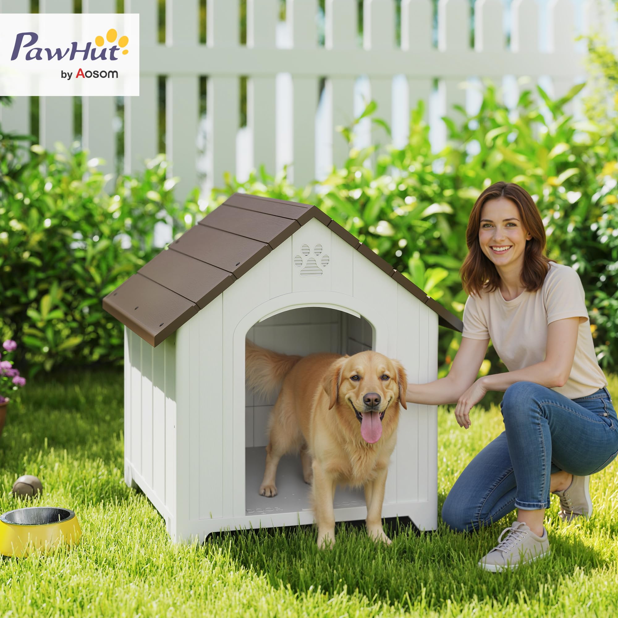 PawHut Caseta para Perros Exterior, Casa para Perros Grandes de Plástico Impermeable con 2 Ventanas, Base Elevada, Estacas, Fácil de Montar, 88x79x89 cm, Marrón Oscuro