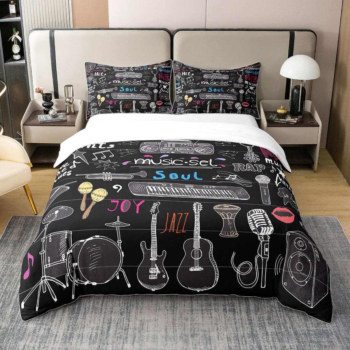 Loussiesd Rock Music - Biancheria da letto, 135 x 200 cm, 100% cotone, motivo Rap Blues Hip Hop, copripiumino per chitarra, tamburo e microfono, set da 2 pezzi