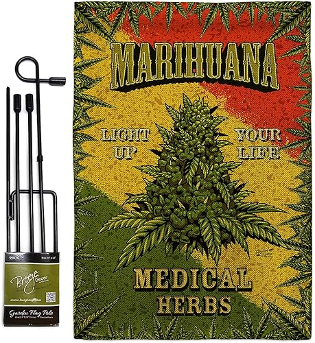 Marihuana Burlap Garden Flag Set with Stand Novelty Trendy House Decoration Banner Small Yard Gift Double-Sided, Made in USA