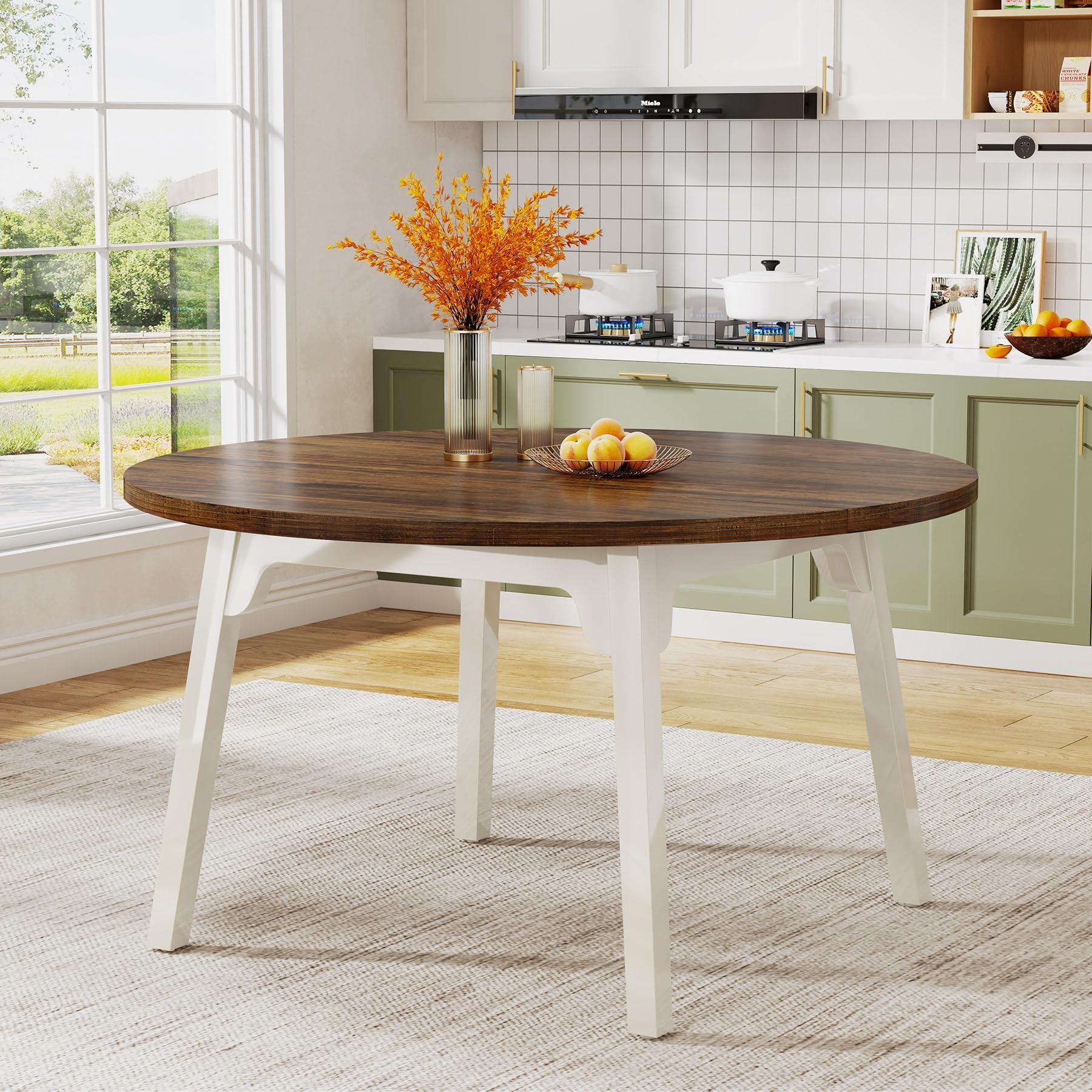 Tribesigns Mesa de Comedor Redonda para 4-6 Personas, 120CM Mesa de Cocina Círculo con Superficie de Textura de Madera,Mesa de Comedor con Patas de Madera Maciza para Cocina, Salón, Marrón y Blanco