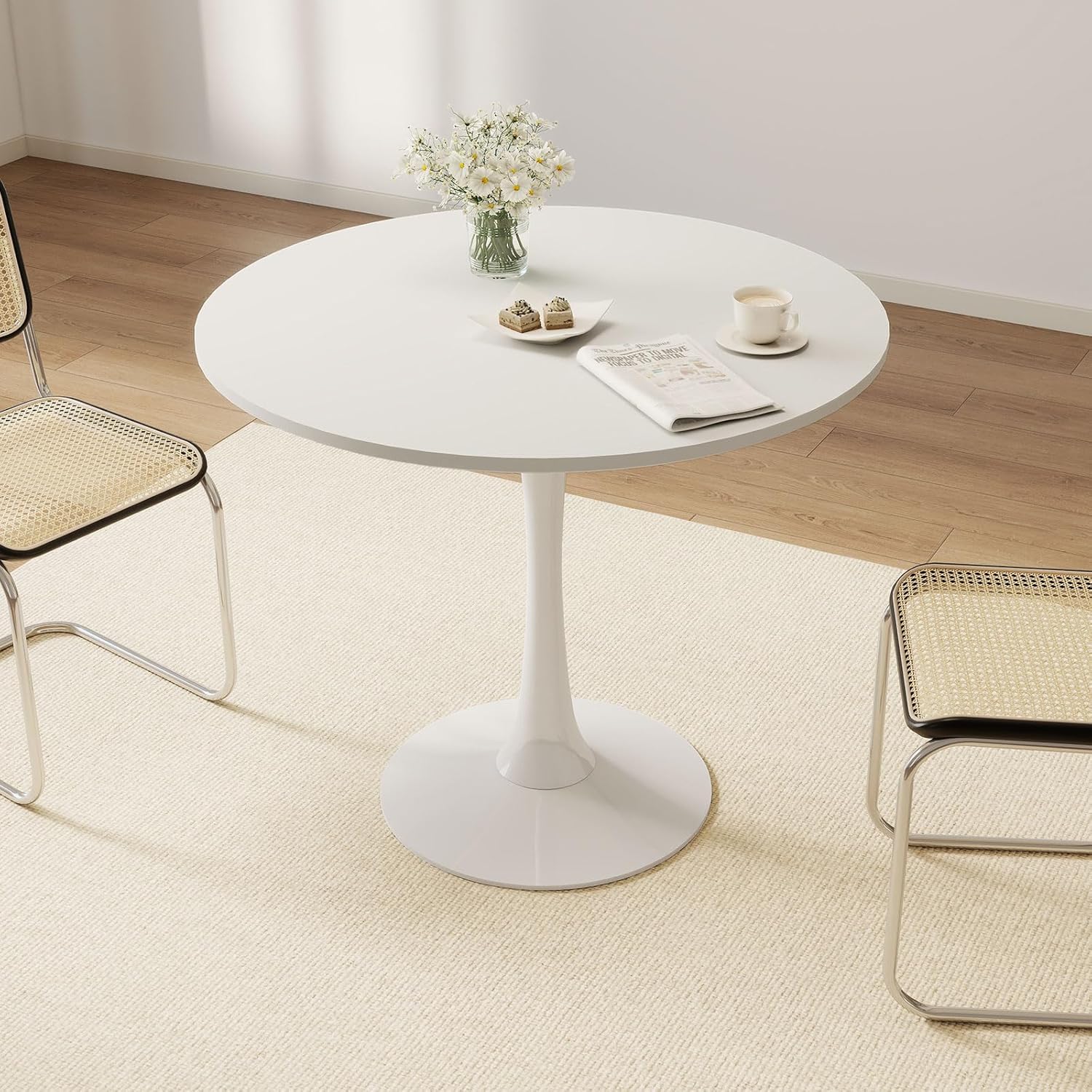 27.5" White Round Tulip Table, MDF Top & Metal Pedestal Base, Modern Accent Table for Small Spaces, Kitchen, Dining Room & Living Room