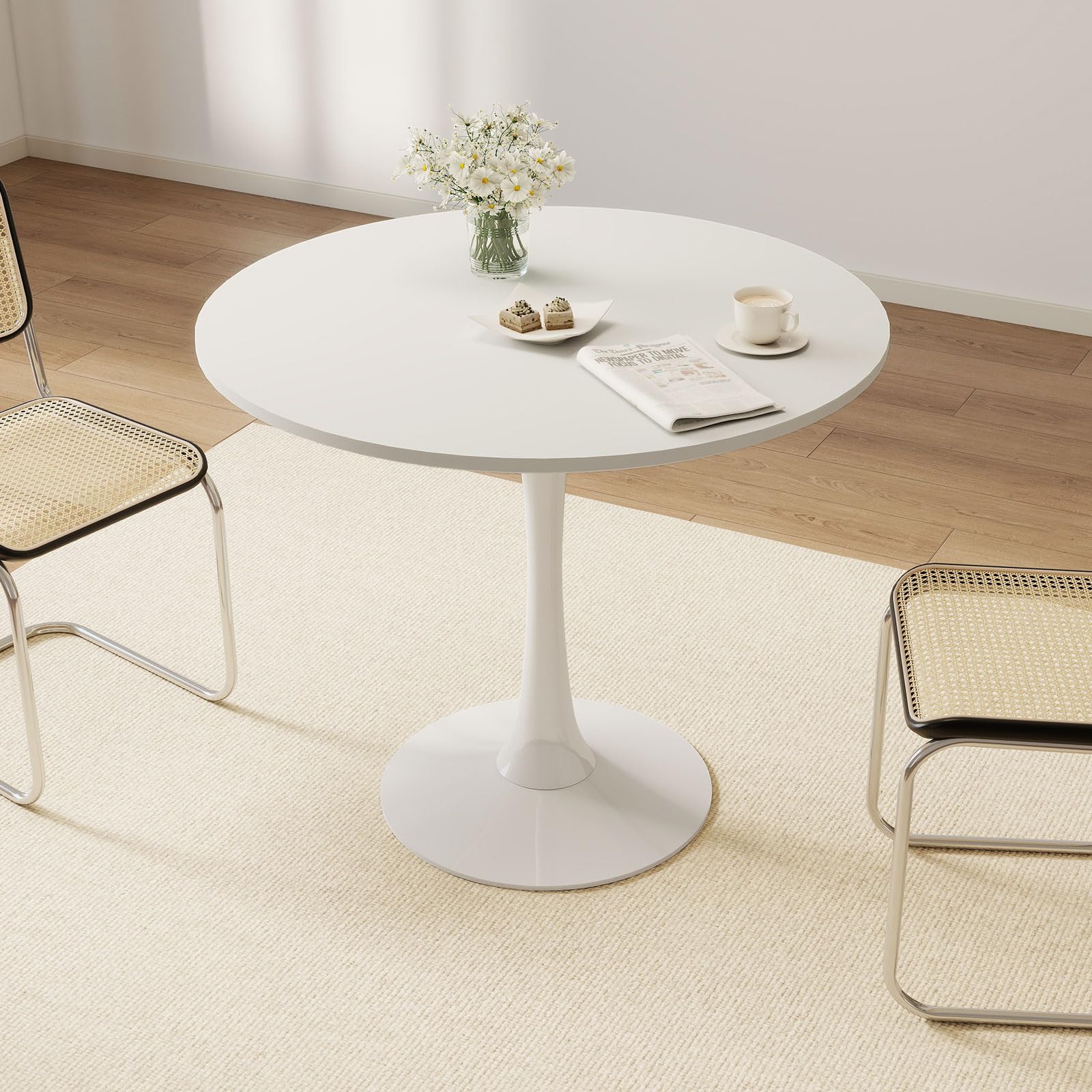 Photo 1 of Permory 27.5" White Round Dining Table, MDF Top with Metal Pedestal Base, Modern Accent Table for Small Spaces, Kitchen, Dining Room & Living Room