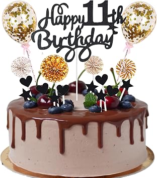 11th Birthday Cake Toppers Black Gold with Heart Star Balloon & Cake Toppers for Girls - Pack of 30 Neutral