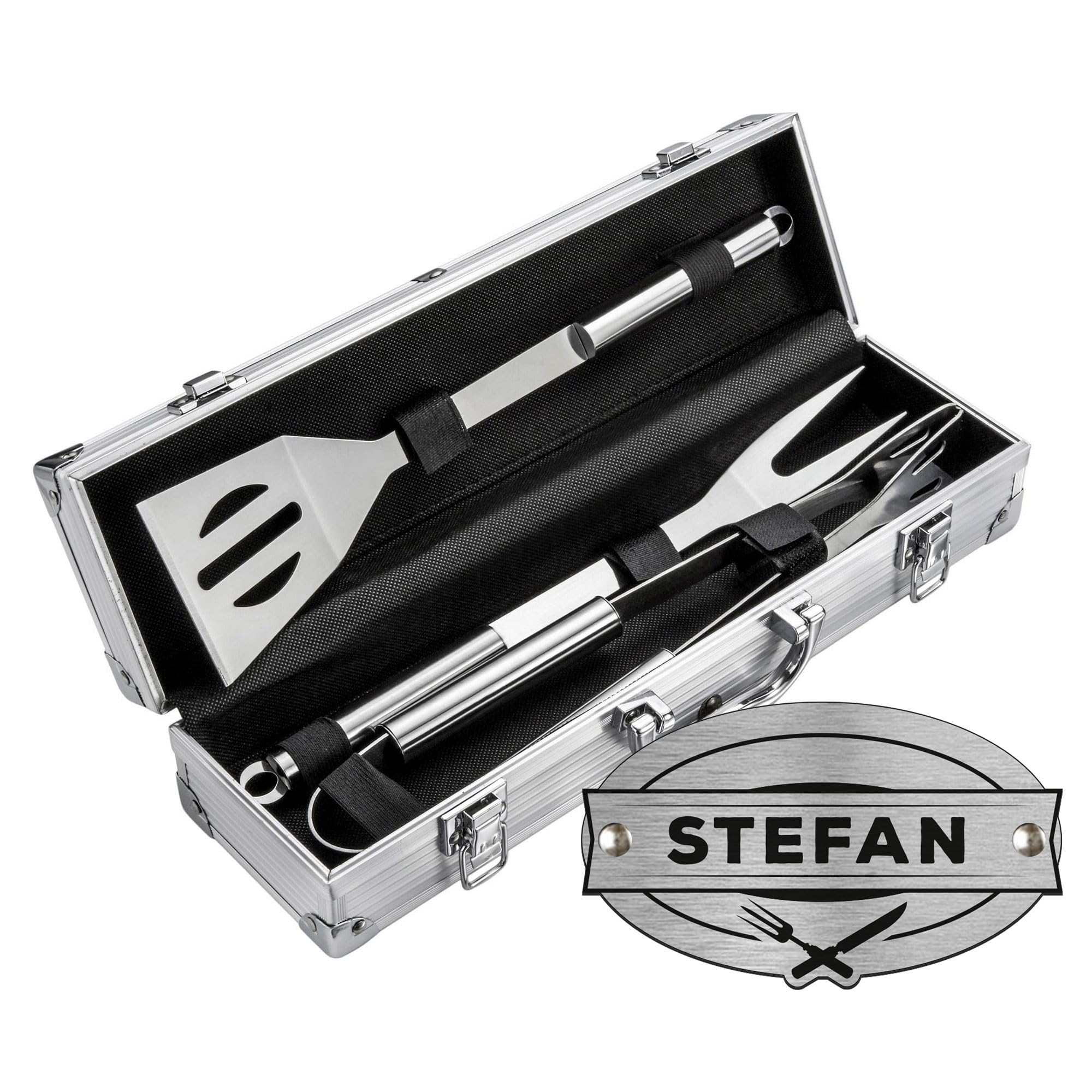 Casa Vivente Coffret d'Ustensiles pour Grillades, Fourchette, Pince, Spatule, Gravure Personnalisée, 37x10x8,5 cm