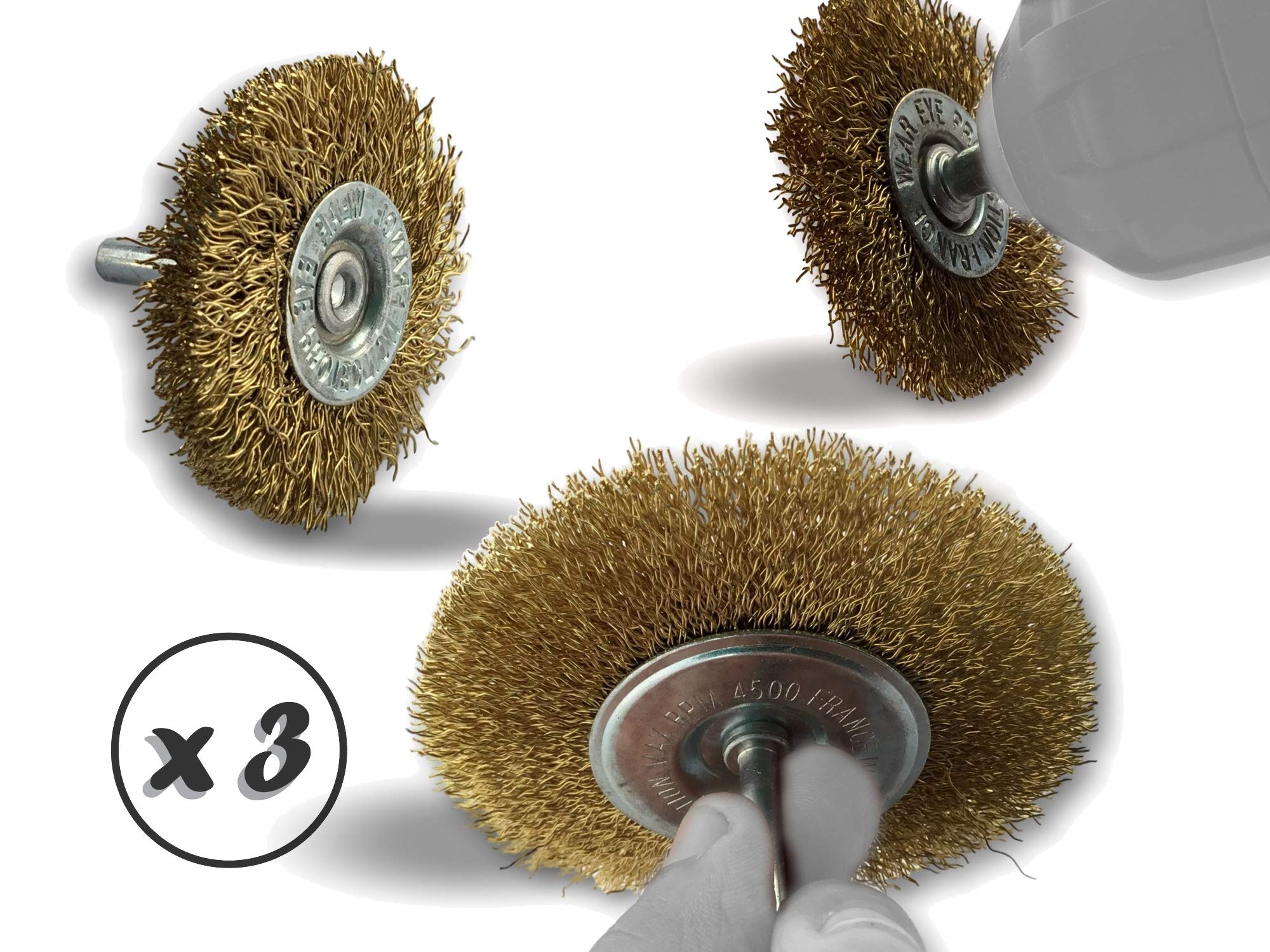 Zestaw 3 metalowych okrągłych szczotek obrotowych Ø 50-75-100 mm | Zestaw 3 | Na pręcie Ø 6 mm | Sznurek mosiężnych Ø 0,30 mm twarde | Do wiertarek lub wkrętarek do trzpienia | Kibros 26xxLT8x3divx3