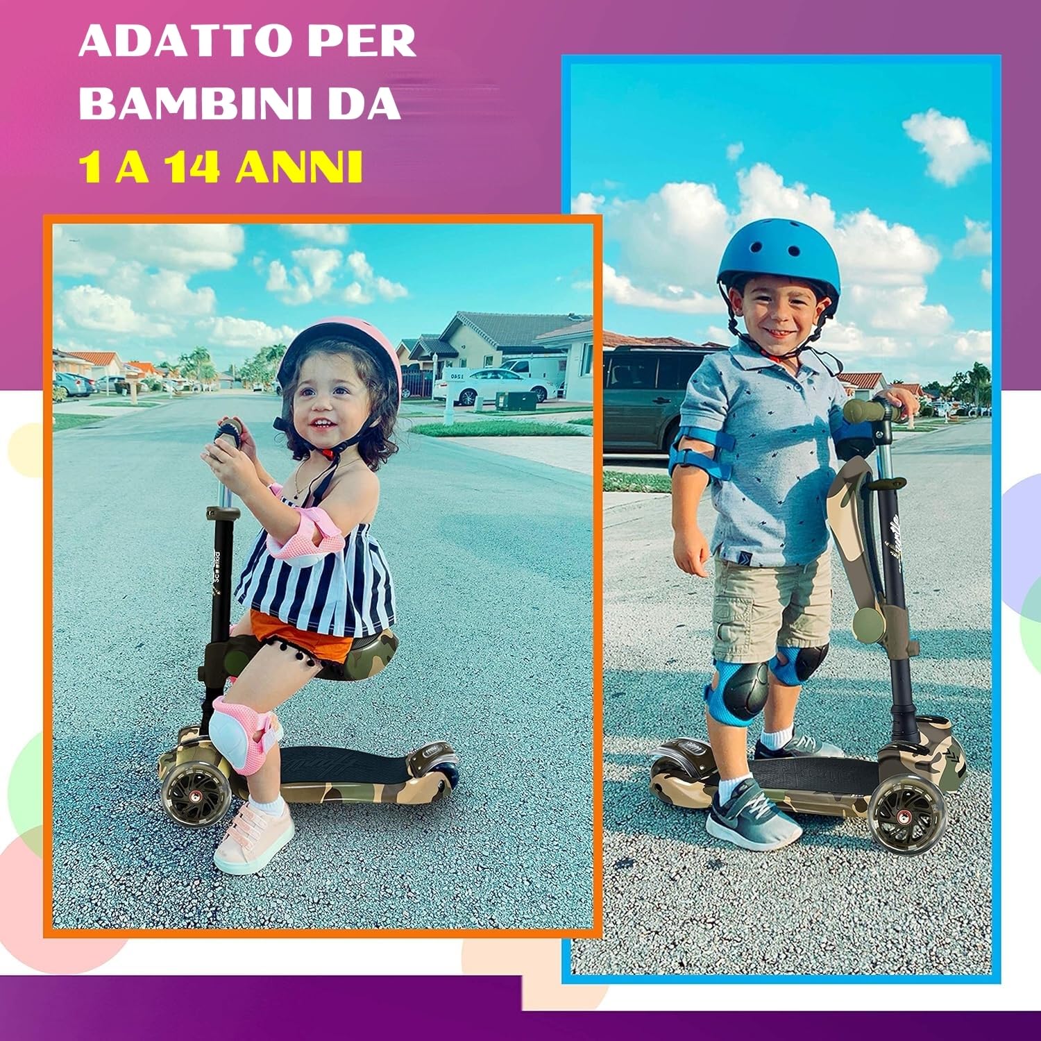Hurtle Monopattino Bambino, Monopattino Bambina, Monopattino a 3 Ruote, Regolabile in Altezza con Sedile Pieghevole, Scooter per Bambini e Bambine con Ruote LED Multicolore, Dai 1 ai 14 Anni