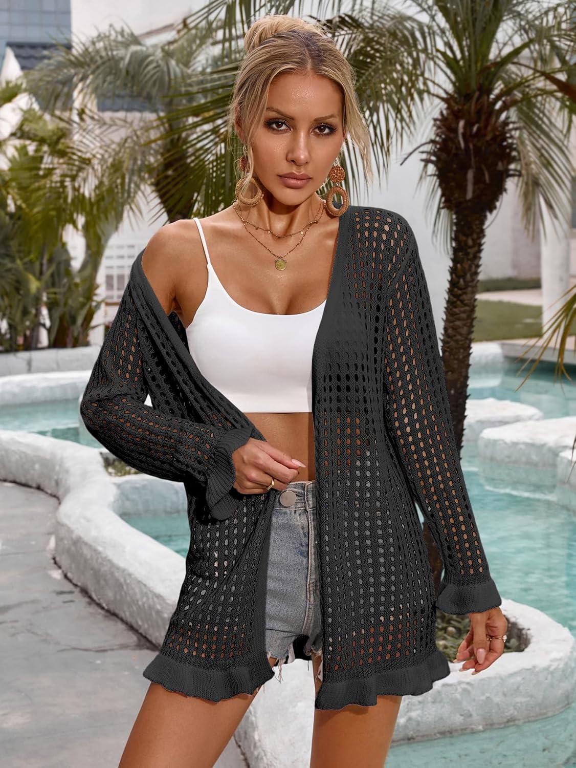 Womens Crochet Knit Swimsuit Coverup Beach Cardigan Summer 2025 Open Front Ruffle Bathing Suit Cover Up Kimono - Image 5