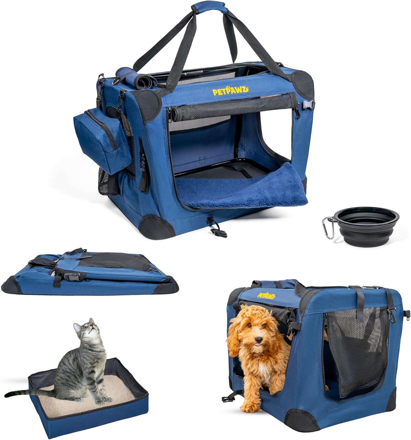 Soft Pet Carrier & Dog Carrier with Travel Litter Box & Collapsible Bowl – Large Cat Carrier & Small Dog Crate for Car, Vet Visits, Home & Traveling
