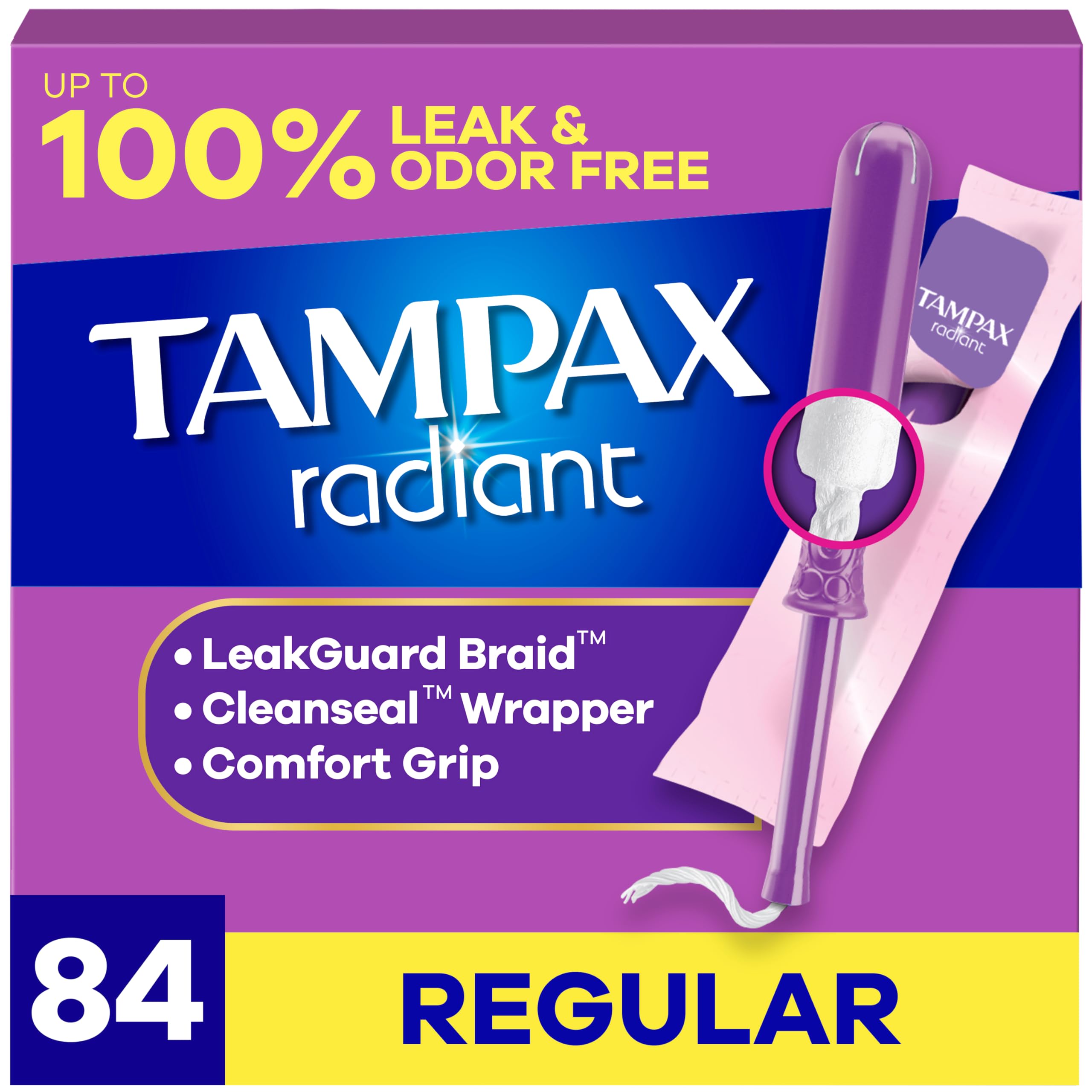 Tampax Radiant Tampons for Women, with LeakGuard Braid, Regular Absorbency, Unscented, 84 Count (3 Packs of 28)