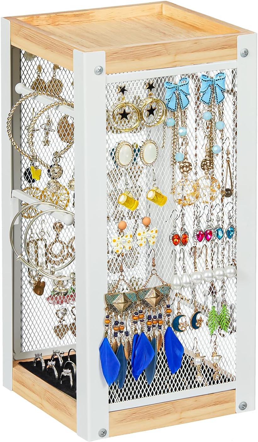 keomaisytokeomaisyto Earring Holder Organizer, 360 Rotating Jewelry Holder with Ring Tray/Necklace/Bracelet/Ring Hooks, White Earring stand with 4 Sides and 2 Wooden Trays for Jewelry Display (Upgraded)