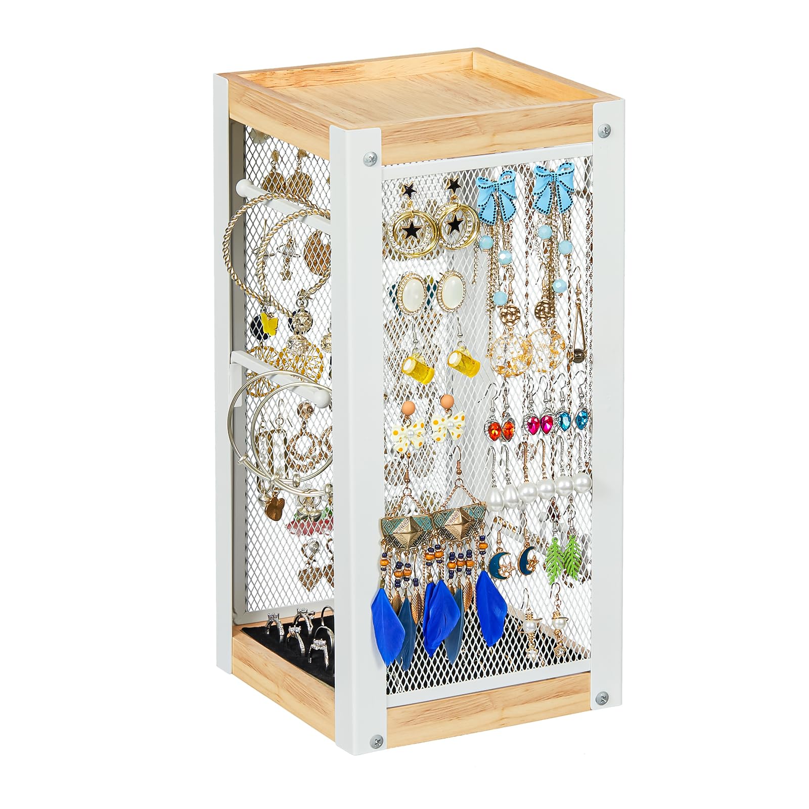 keomaisytokeomaisyto Earring Holder Organizer, 360 Rotating Jewelry Holder with Ring Tray/Necklace/Bracelet/Ring Hooks, White Earring stand with 4 Sides and 2 Wooden Trays for Jewelry Display (Upgraded)