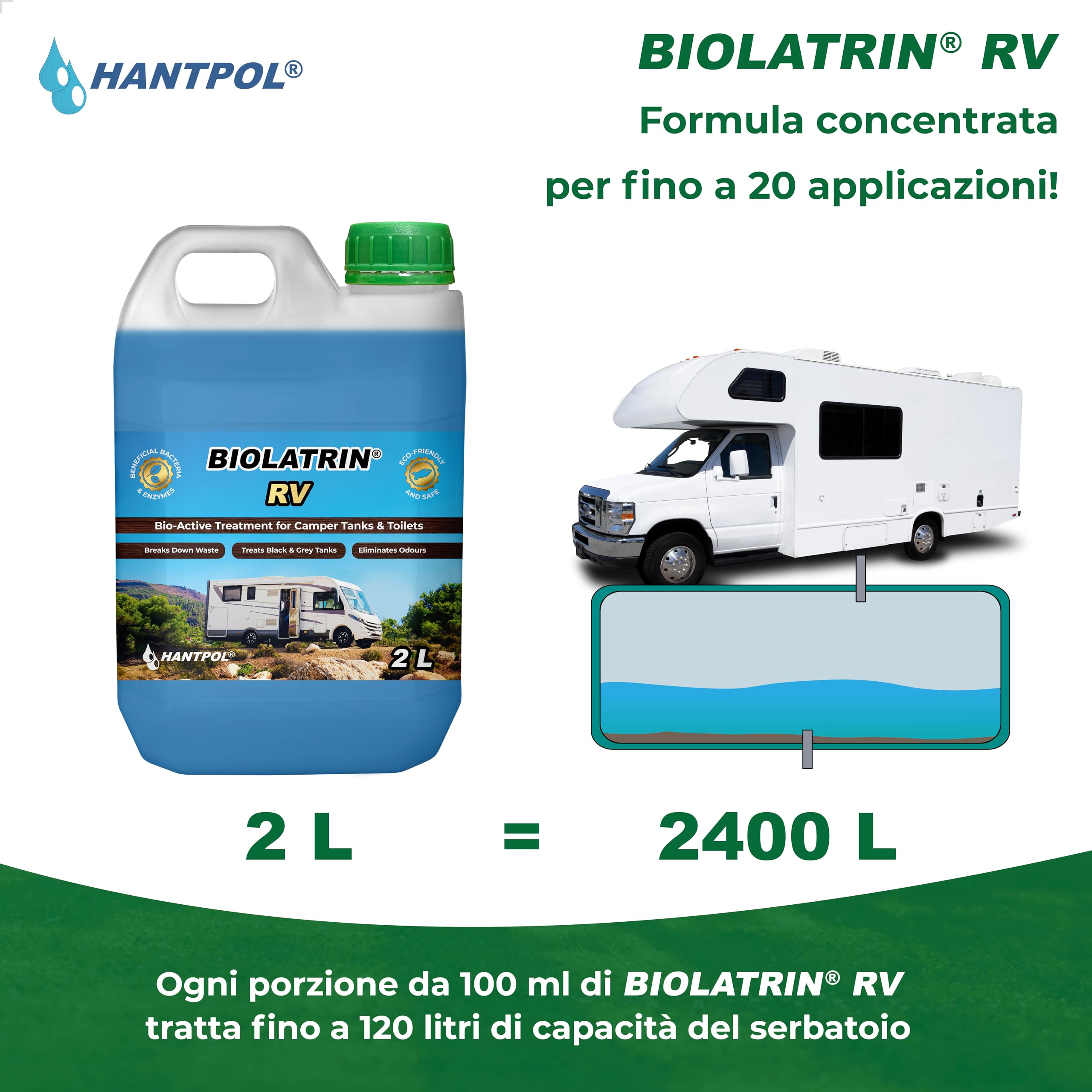 Liquido microbiologico - Detergente per serbatoio d'acqua per camper - per serbatoi neri e grigi - elimina i cattivi odori da docce, lavandini e scarichi nei camper.
