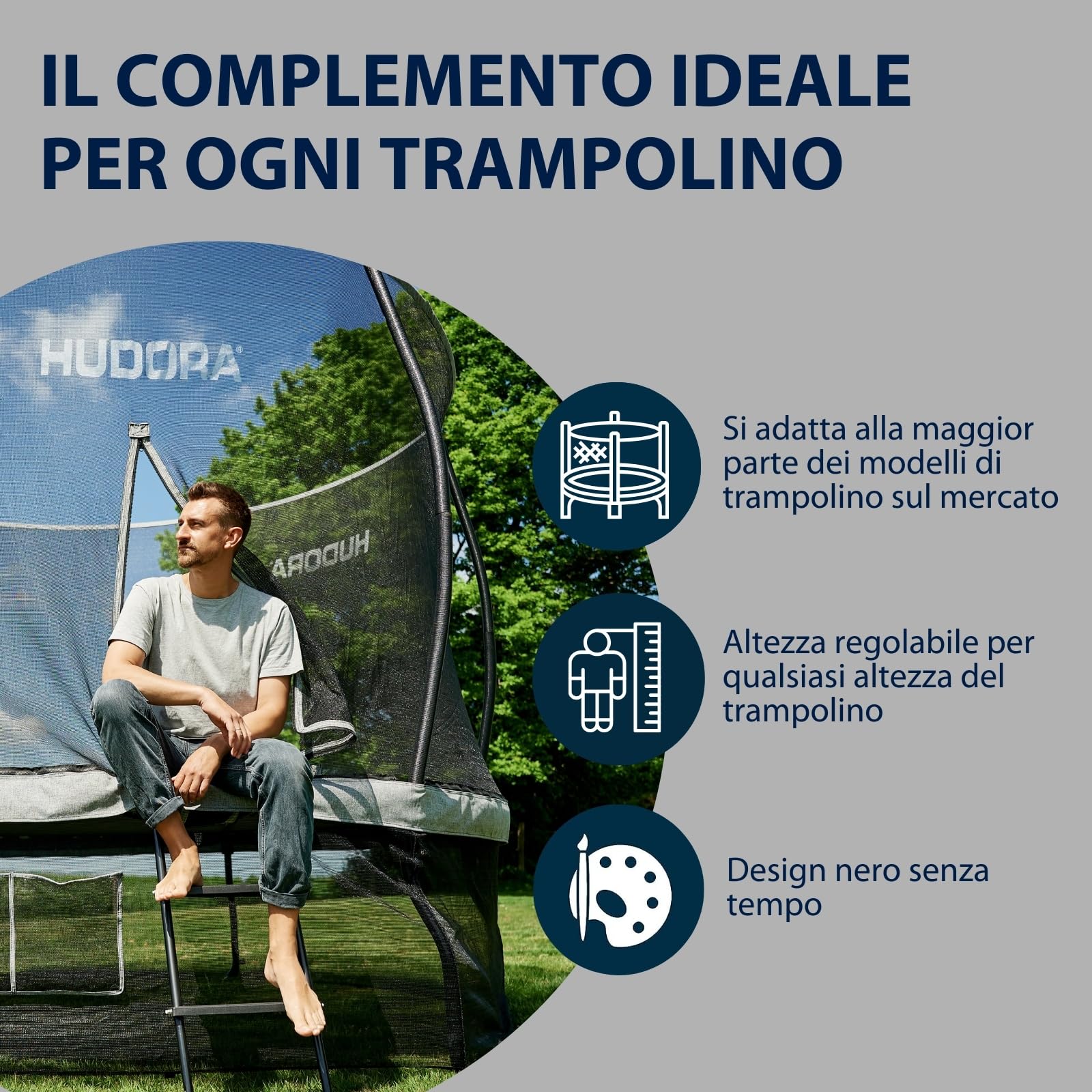 HUDORA Scaletta per trampolino - scaletta regolabile per tappeto elastico con 2-3 pioli - scala di sicurezza stabile in acciaio verniciato a polvere per trampolini outdoor - per più altezze