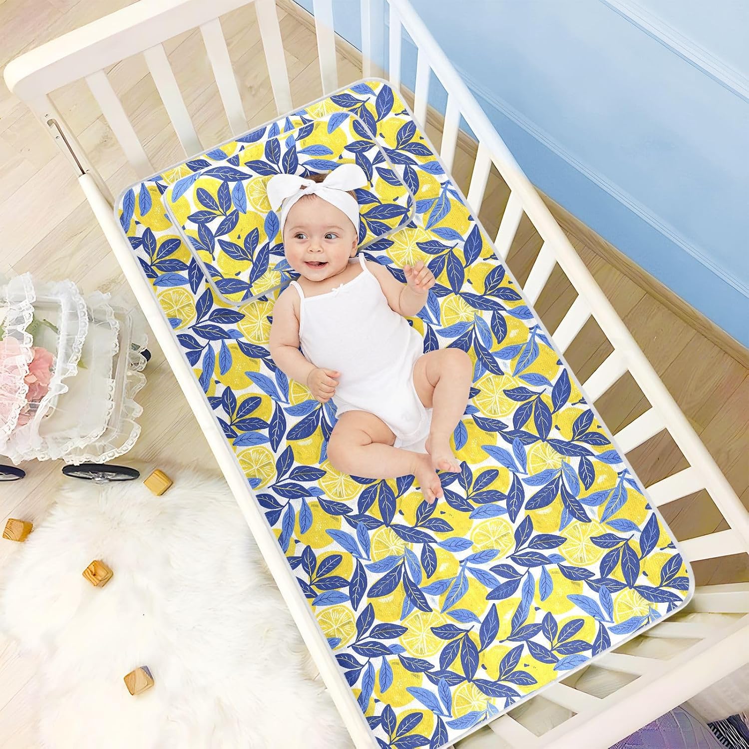 Lemon Design Yellow Blue Cooling Baby Waterproof Crib Mattress Protector 28" x 52" Breathable Bed pad for Baby&Toddler