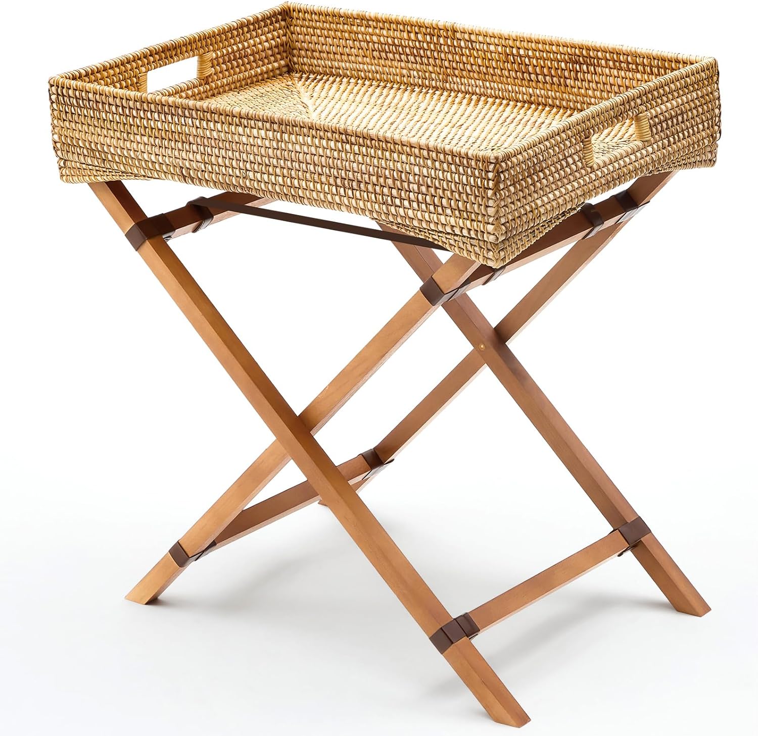 BreezeHug Rattan Butler Tray Table Folding Coffee Snack Table Rattan Serving Tray with Foldable Wood Stand for Serving Food Eating Drink Breakfast TV Living Room Bedroom Office Balcony Home Decor