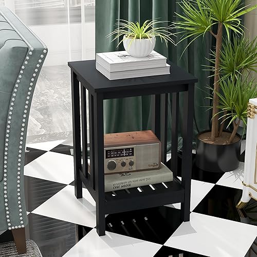 Miniatura 1 de TaoHFE Mesas auxiliares negras para sala de estar, soporte moderno, mesa auxiliar rústica y delgada con estante de almacenamiento abierto, mesita de