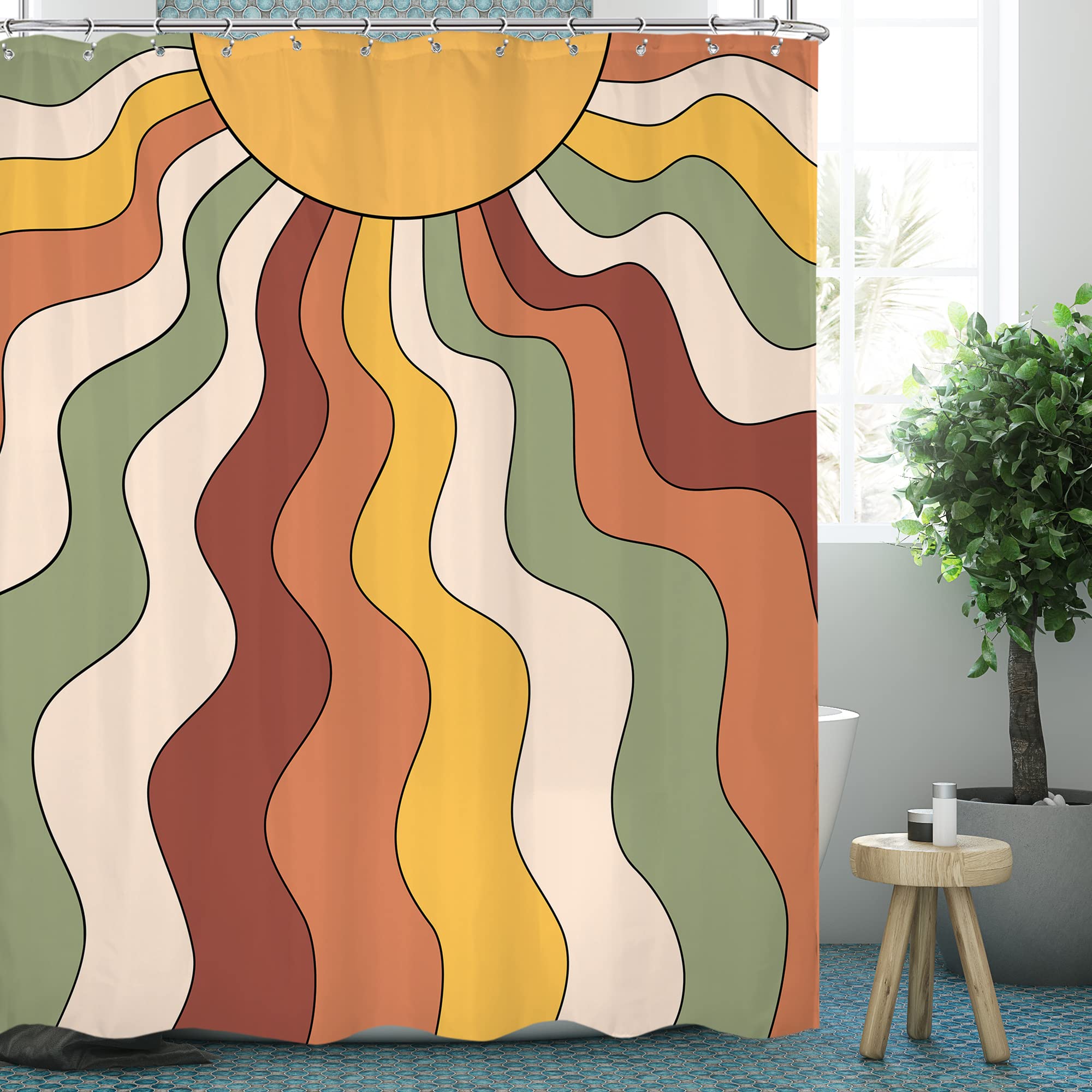 Omifly Retro Vintage Groovy Sun Shower Curtain 60Wx72H Inch 70s Aesthetic Rainbow Bathroom Set Abstract Colorful Funky Waves Boho Modern with 12 Hooks Fabric Waterproof Accessories Decor — image 1