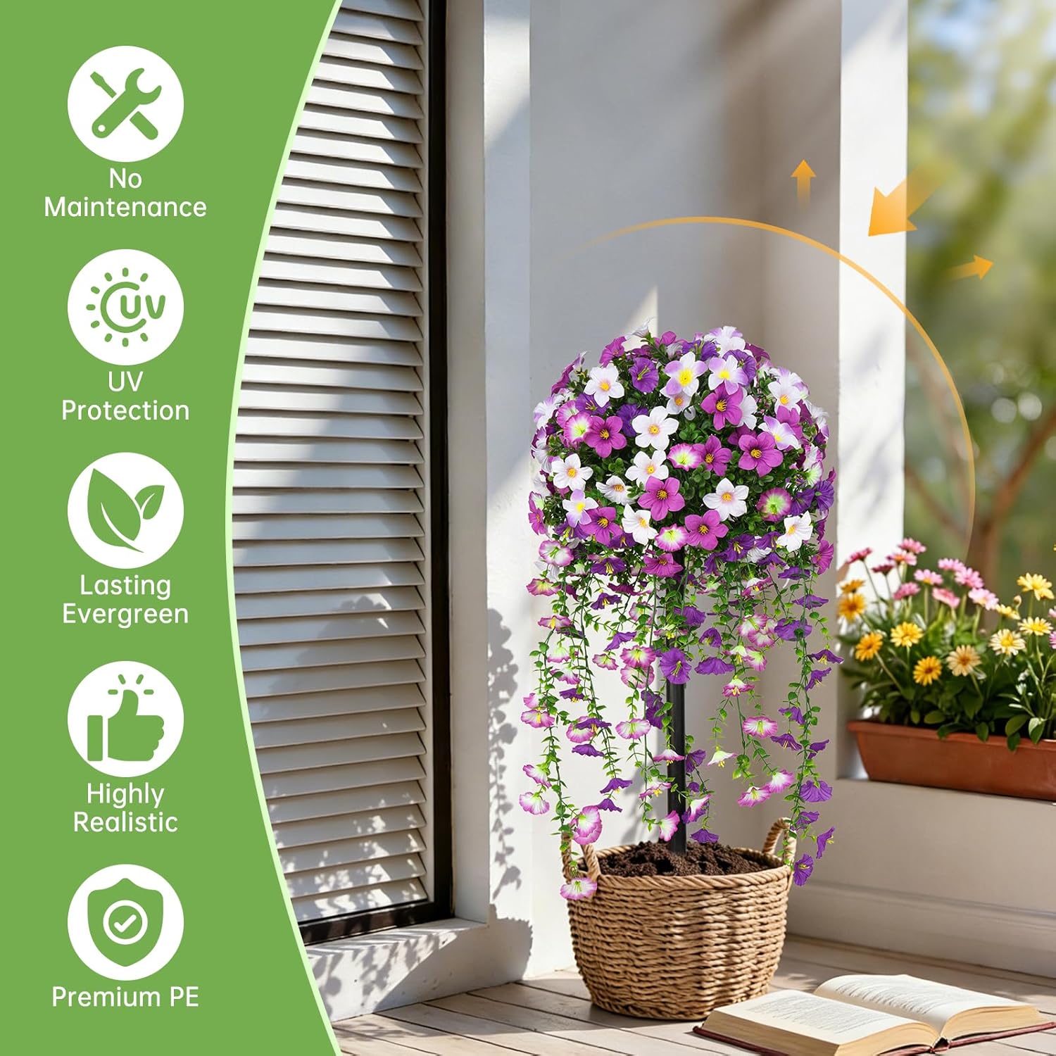 Artificial Plants Flowers Topiary Ball for Outdoor, 2 Pack Fake Silk Morning Glory Plant Bushes, UV Resistant Realistic Plants Shurbs for Outside,Front Porch,Patio,Yard(Purple)