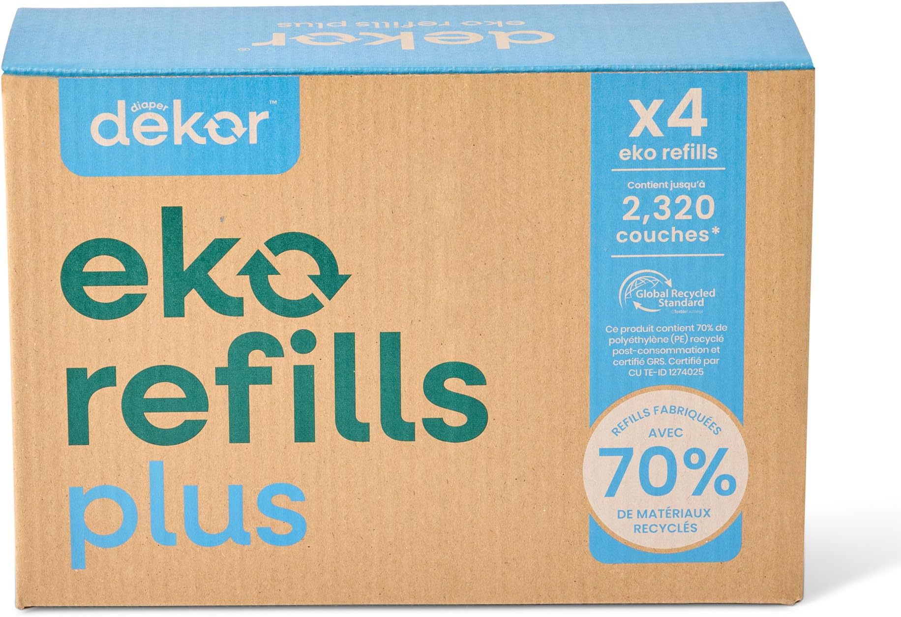 Diaper Eko Plus Refills, 4 Count | ONLY Eco-Friendly Diaper Pail Refills Made With 70% Recycled Materials | Quicker, Easier & More Cost Effective than Trash Bags | Unscented