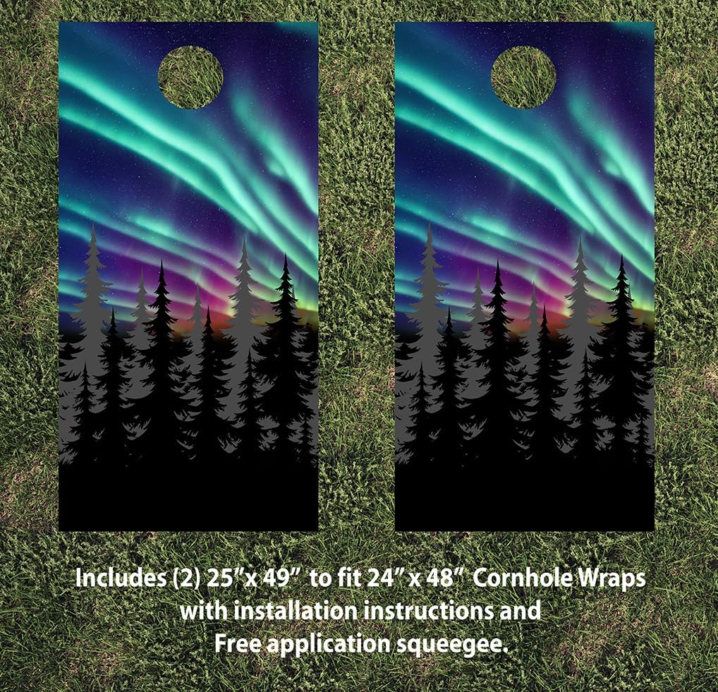 Cornhole Board Wraps 903 - Northern Lights with Tree Silhouette Cornhole Game Graphic Decals - Includes Application Squeegee - Set of (2) 25" x 49" Wraps with Gloss Laminate