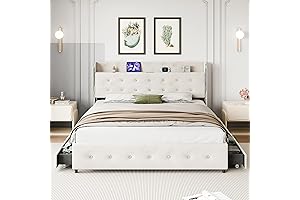King Size Bed Frame GAOMON, White Upholstered Bed Frame with Trundle and 4 Storage Drawers
