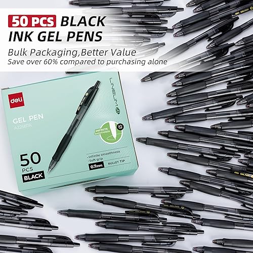 Miniatura 2 de deli Bolígrafos a granel, 50 bolígrafos de gel retráctiles de punta media de 0.028 in, escritura suave con tinta negra de secado rápido, no se