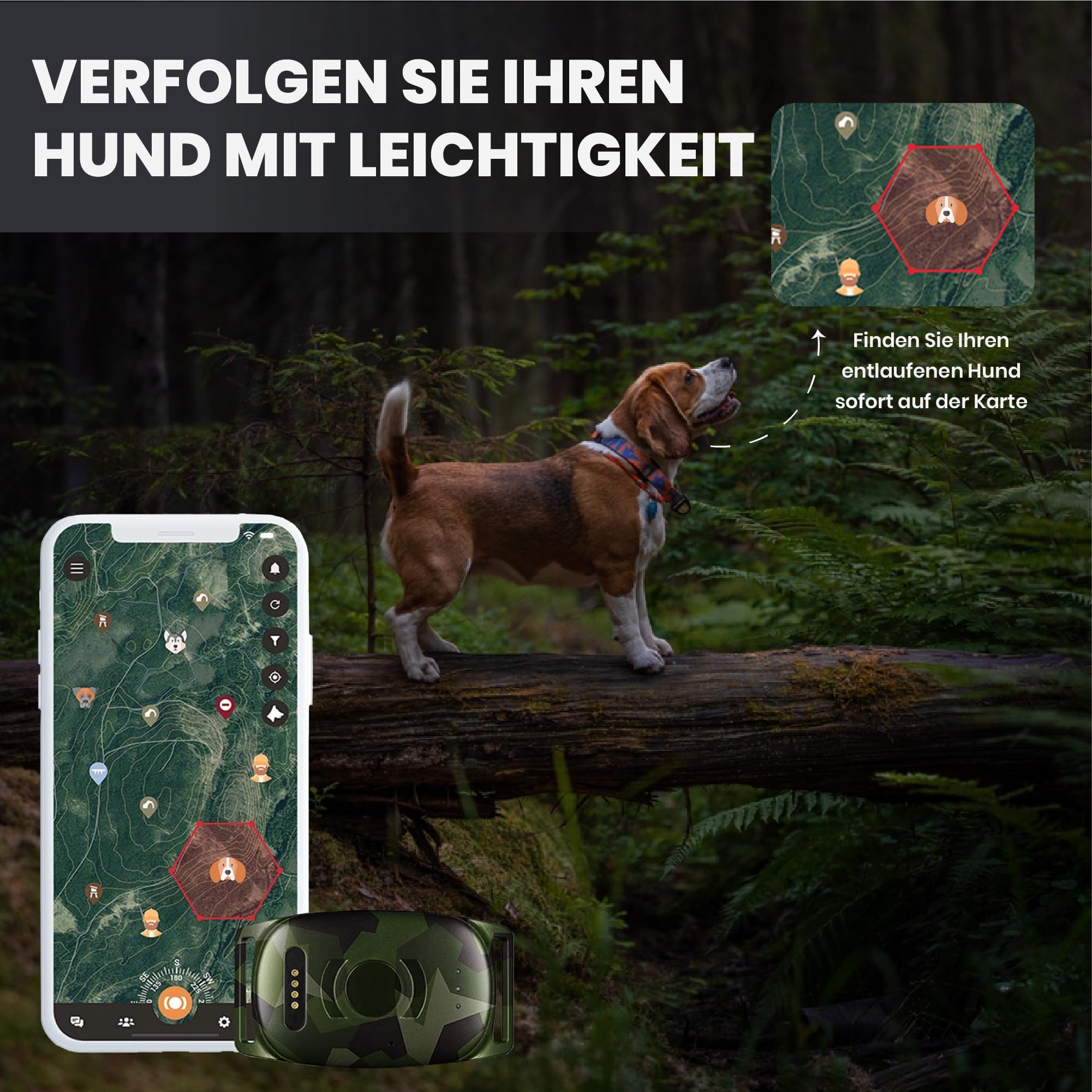 MiniFinder Vexo GPS Jagdhund-Tracker – Kompakte Hunde-Ortung in Echtzeit – Unbegrenzte Reichweite & IPX7 Wasserdicht – Robustes M90 Camo Design – Ideale Ergänzung zum Funk-Hundepeilsender
