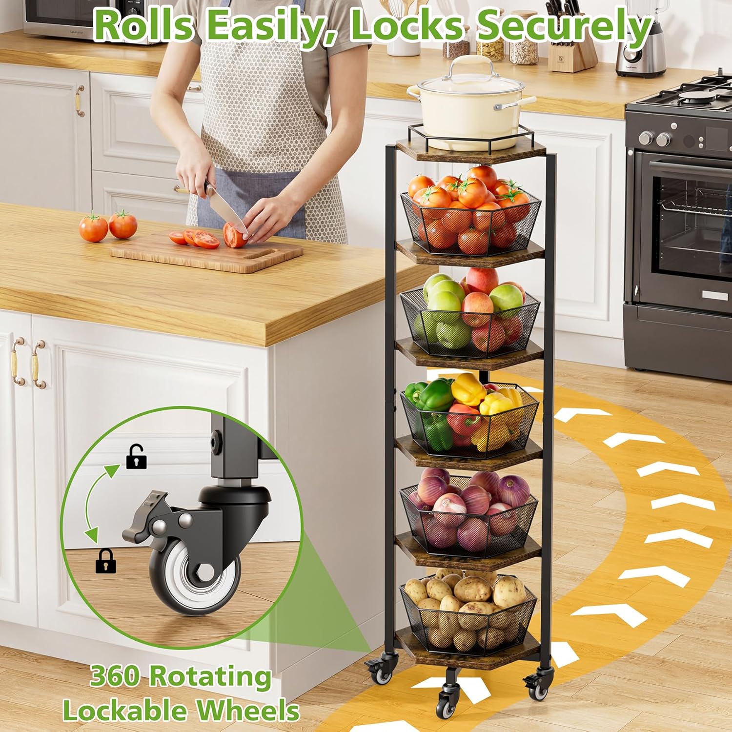 Fruit and Vegetable Storage Basket for Kitchen, 6 Tier Kitchen Cart on Wheels with Storage, Rolling Fruit Basket Stand with 5 Pack Fruit Bowl, Rotating Fruit Organizer Storage Cart for Potato, Onion