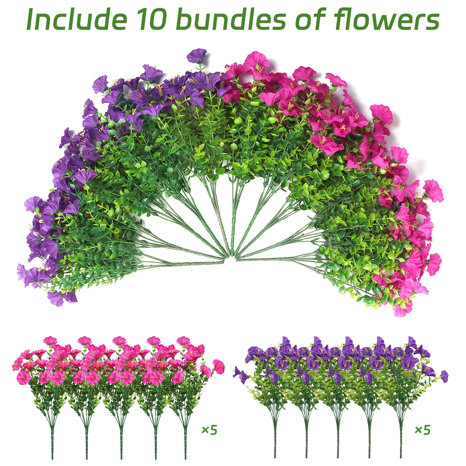Weldomcor 10 Bundles Outdoor Artificial Flowers UV Resistant Artificial Morning Glory Shrubs Greenery Artificial Plants for Hanging Planter Home Kitchen Garden Porch Window Box Decor (Purple Fuchsia) - Image 3