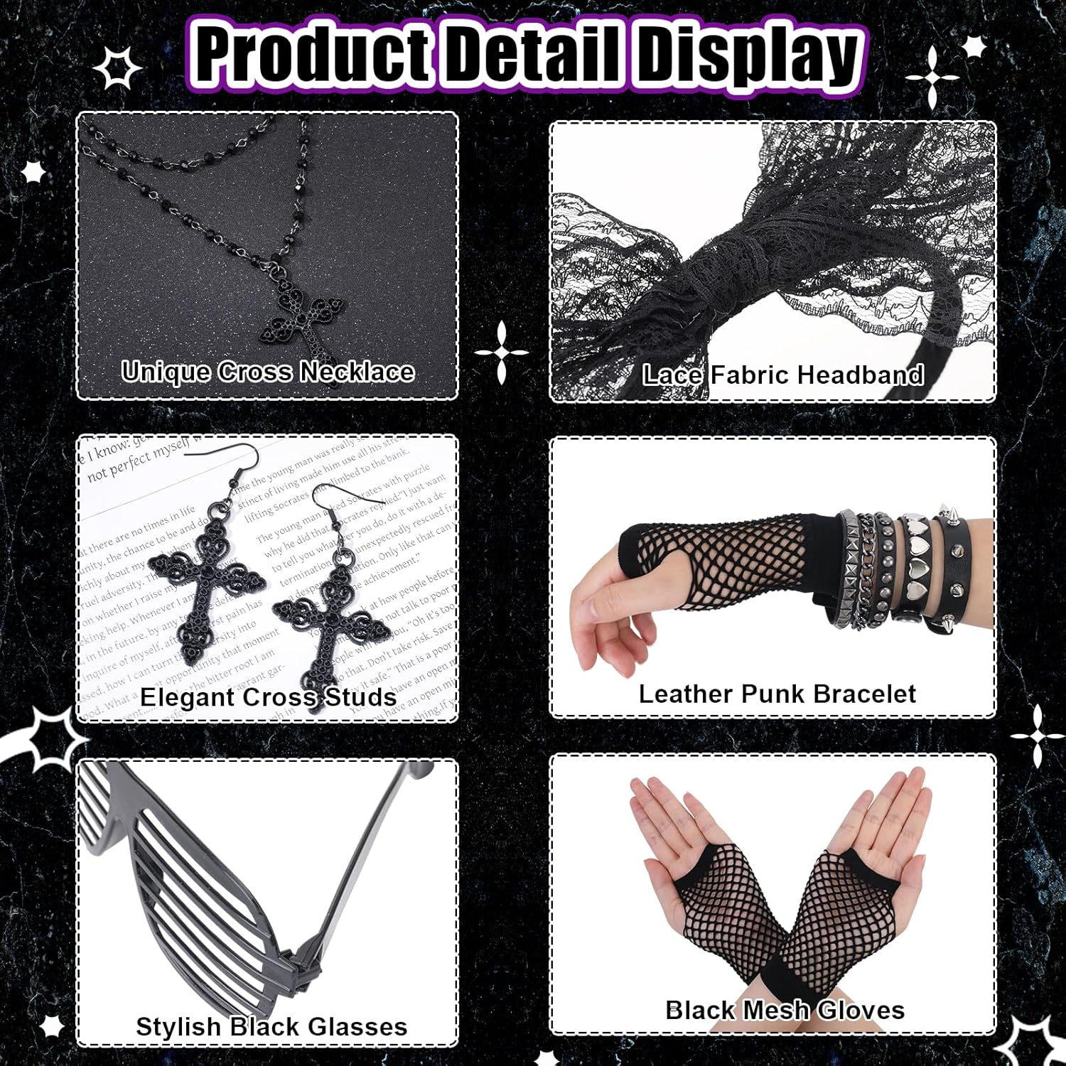 9 Pcs 80s Accessories for Women Leather Punk Bracelets Cross Necklace Earrings Headband Fishnet Glove Shutter Glasses for Halloween Cosplay Costume - Image 3