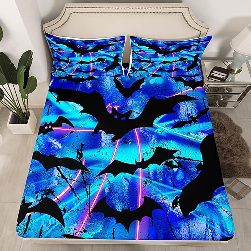 Sábana bajera ajustable para decoración de Halloween, diseño de murciélagos de Halloween, diseño de sombras oscuras, silueta vintage, juego de ropa
