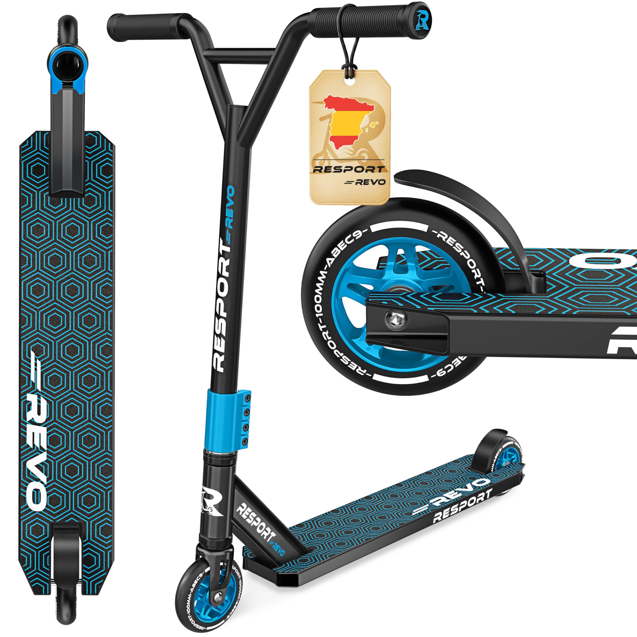 RE:SPORT Patinete de acrobacias Revo para niños y adultos con soporte, patinete profesional de 100 mm, ruedas de poliuretano y barra en Y, patinete de acrobacias, patinete ABEC 9, rodamientos de bolas