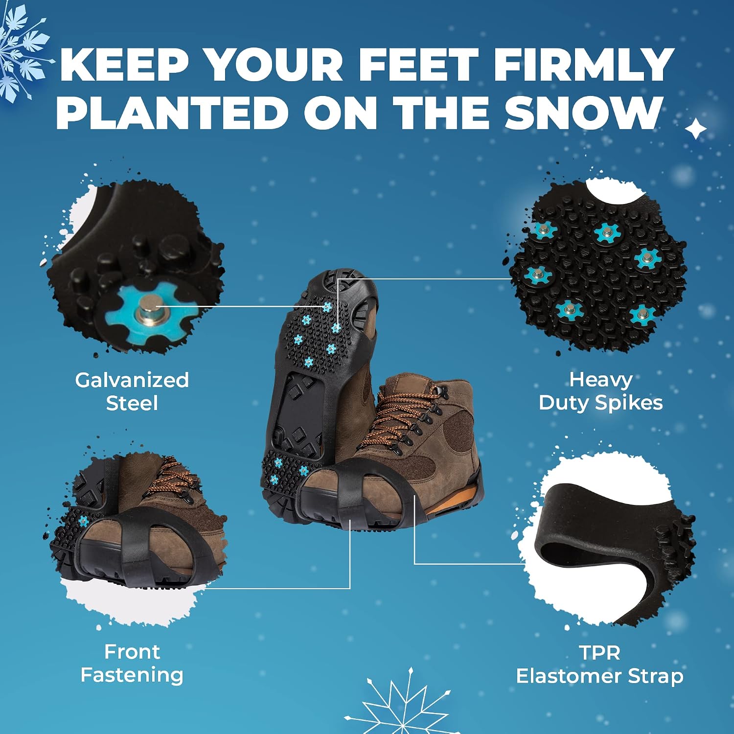 City Spikes Ice Snow Grips - Non-Slip Rubber with TPR Strap 10 Stud Spikes, Traction Crampons for Hiking Walking on Snow & Ice