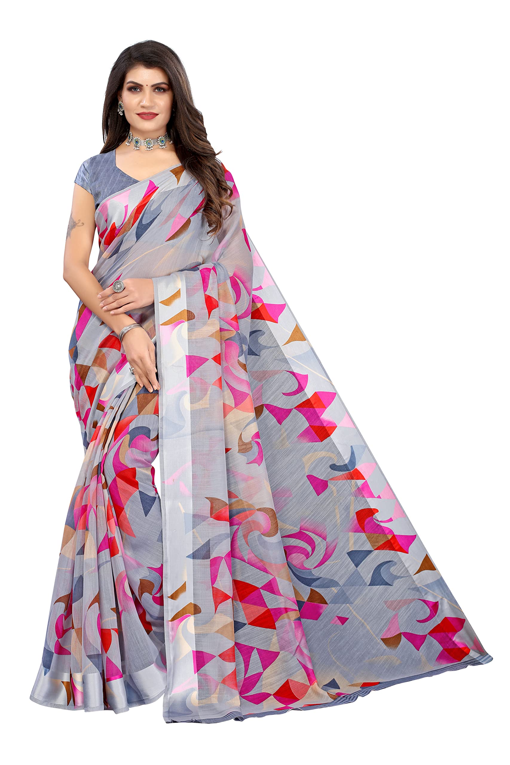 YashikaWomen's Printed Linen Saree With Blouse Piece(SATRANGI GREY)