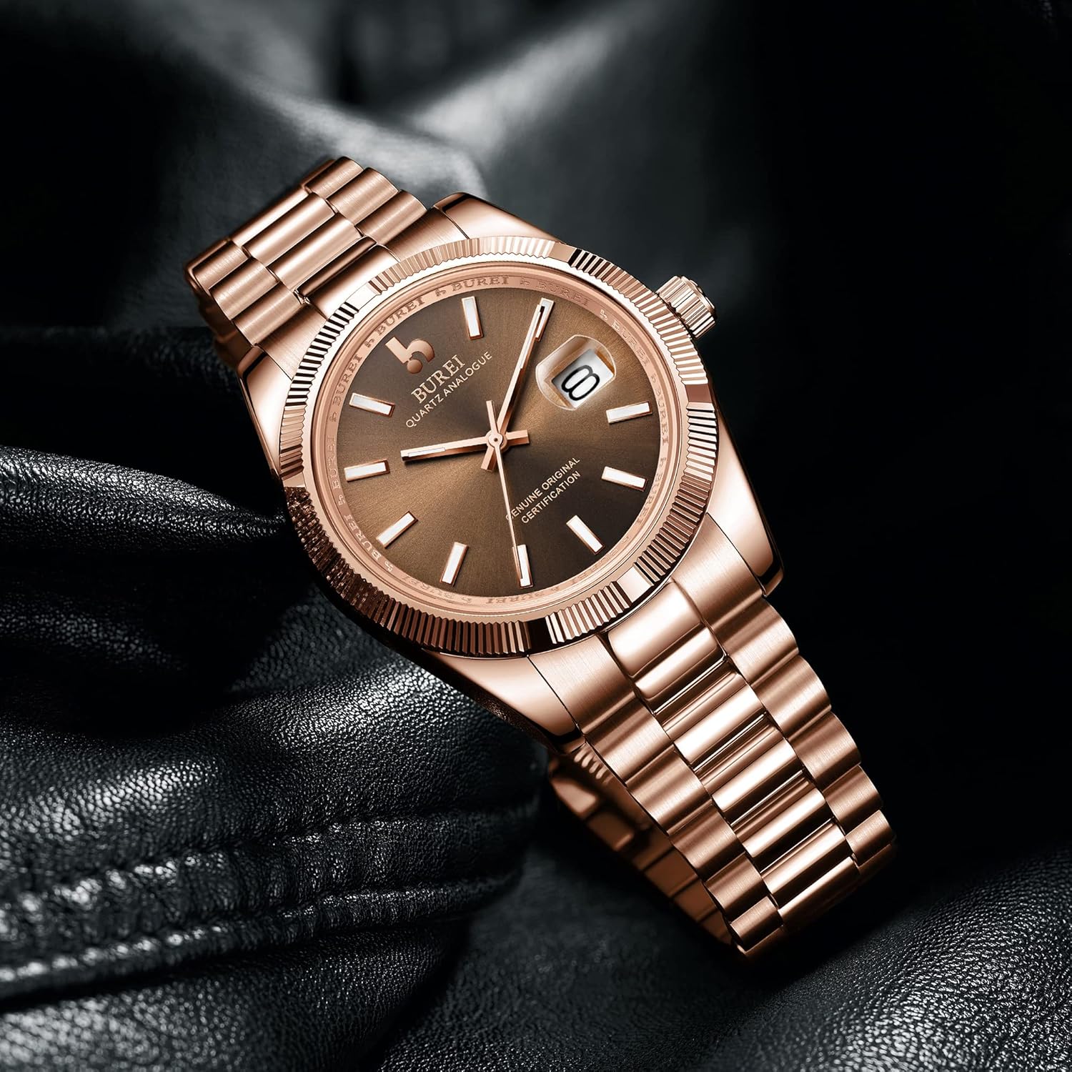 BUREI Mens Watches Luxury Analog Quartz Wristwatch Sapphire Crystal Dial with Calendar Display Stainless Steel Waterproof Watch brown