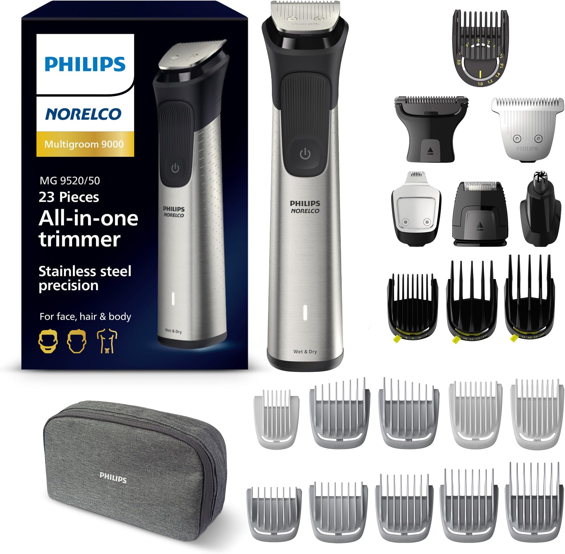 Philips Norelco Multi Groomer 23 Piece Men's Grooming Kit, Trimmer for Beard, Head, Body, and Face - Stainless Steel Precision. No Blade Oil Needed. MG9520/50, Silver, 1 Count