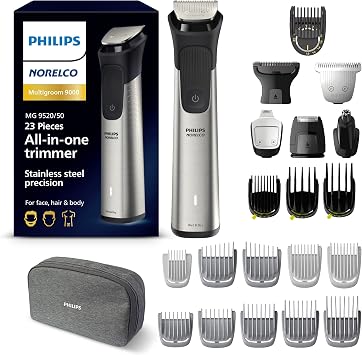 Norelco Philips Multigroom 9000 Series, All-in-One Trimmer, Beard Trimmer and Hair Clipper, 23-Piece Mens Grooming Kit for Beard, Body, Face, Nose, Ear and Intimate Areas, MG9520/50