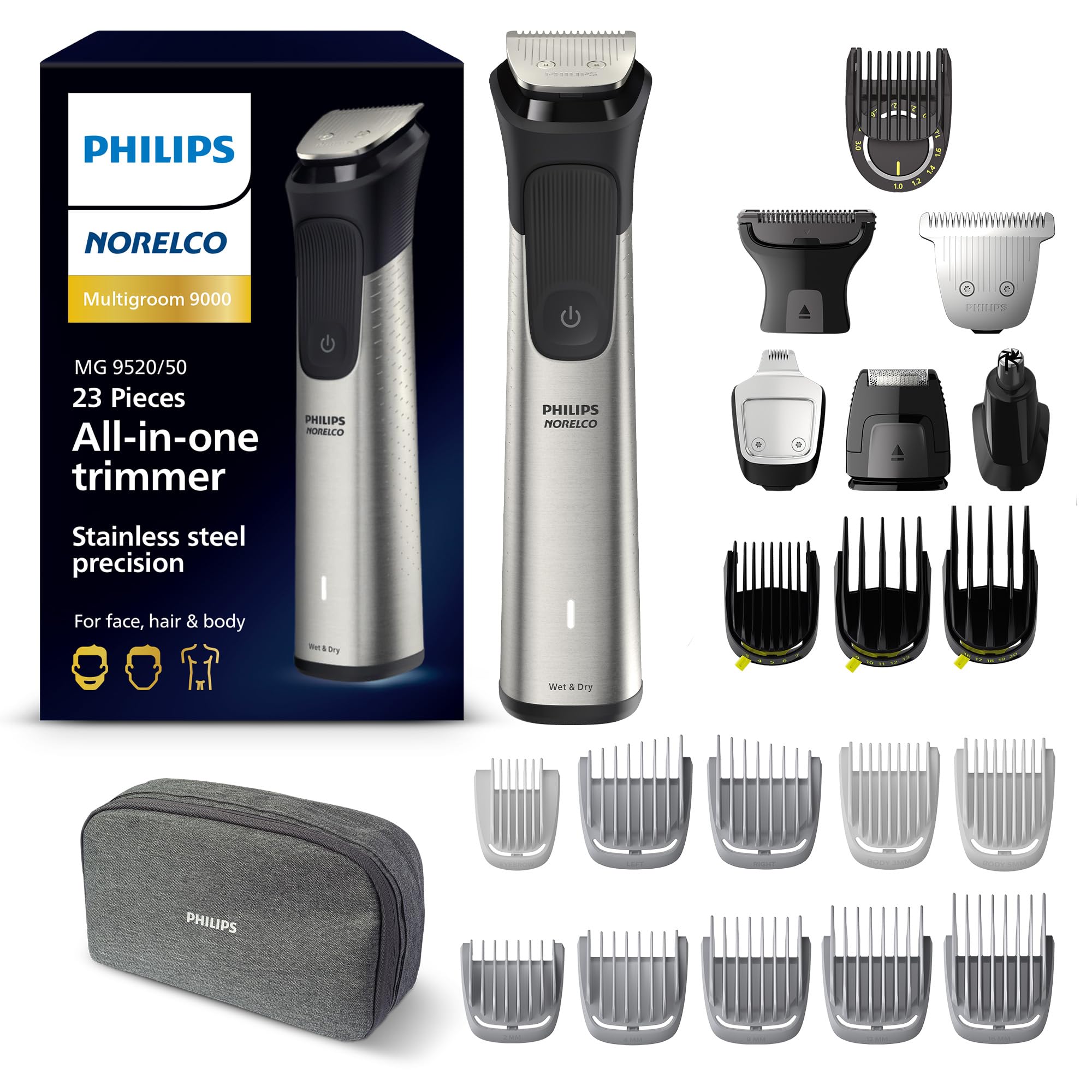 Philips Norelco Multigroom 9000 Series, All-in-One Trimmer, Beard Trimmer and Hair Clipper, 23-Piece Men's Grooming Kit for Beard, Body, Face, Nose, Ear and Intimate Areas, MG9520/50Philips Norelco Multigroom 9000 Series, All-in-One Tr…