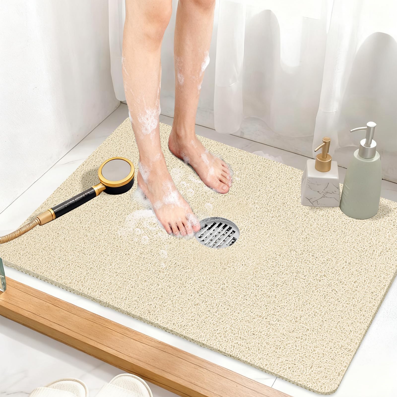 Shower Mat Non Slip: 32 x 24 Inch Extra Large Shower Mats with Drain Hole in Middle - Soft Loofah Quick Drying Matt for Shower Stall