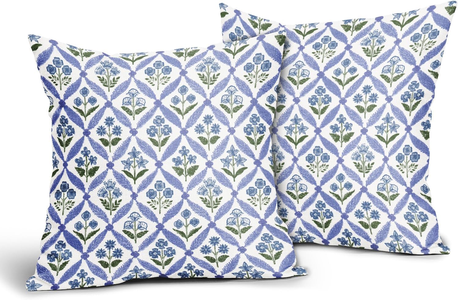 Blue Green Floral Block Print Pillow Covers 18X18 Set of 2, Flower Pattern Spring Summer Print Decorative Throw Pillow Covers Outdoor Farmhouse Seasonal Cushion Case Couch Sofa Bed Decor - Image 2