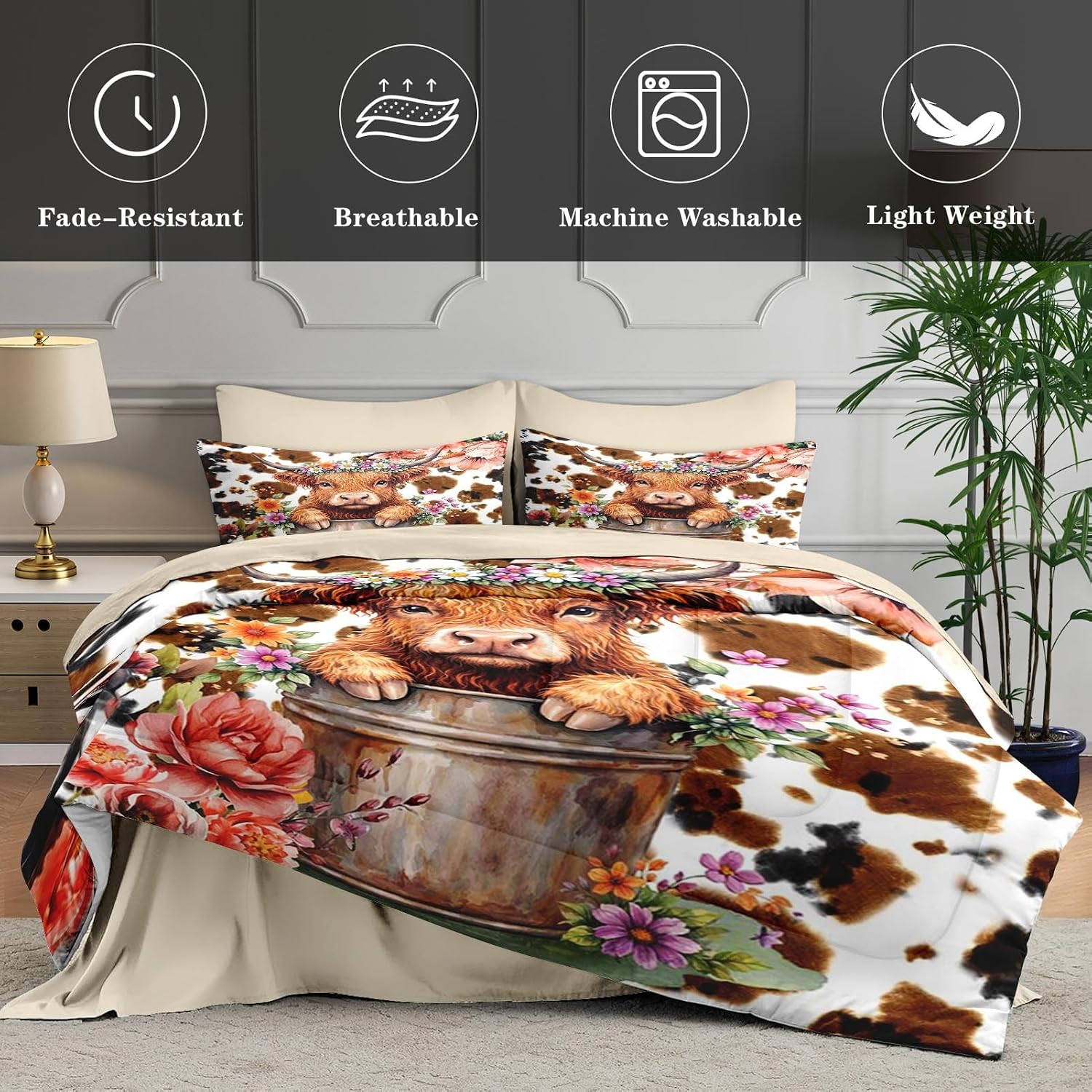 Full Comforter Set with Sheets, 7 Pieces Highland Cow Bedding | Bed in A Bag for All Season, Flower Cow Cattle Print , 2 Pillowcases & 2 Shams for Kids and Adults