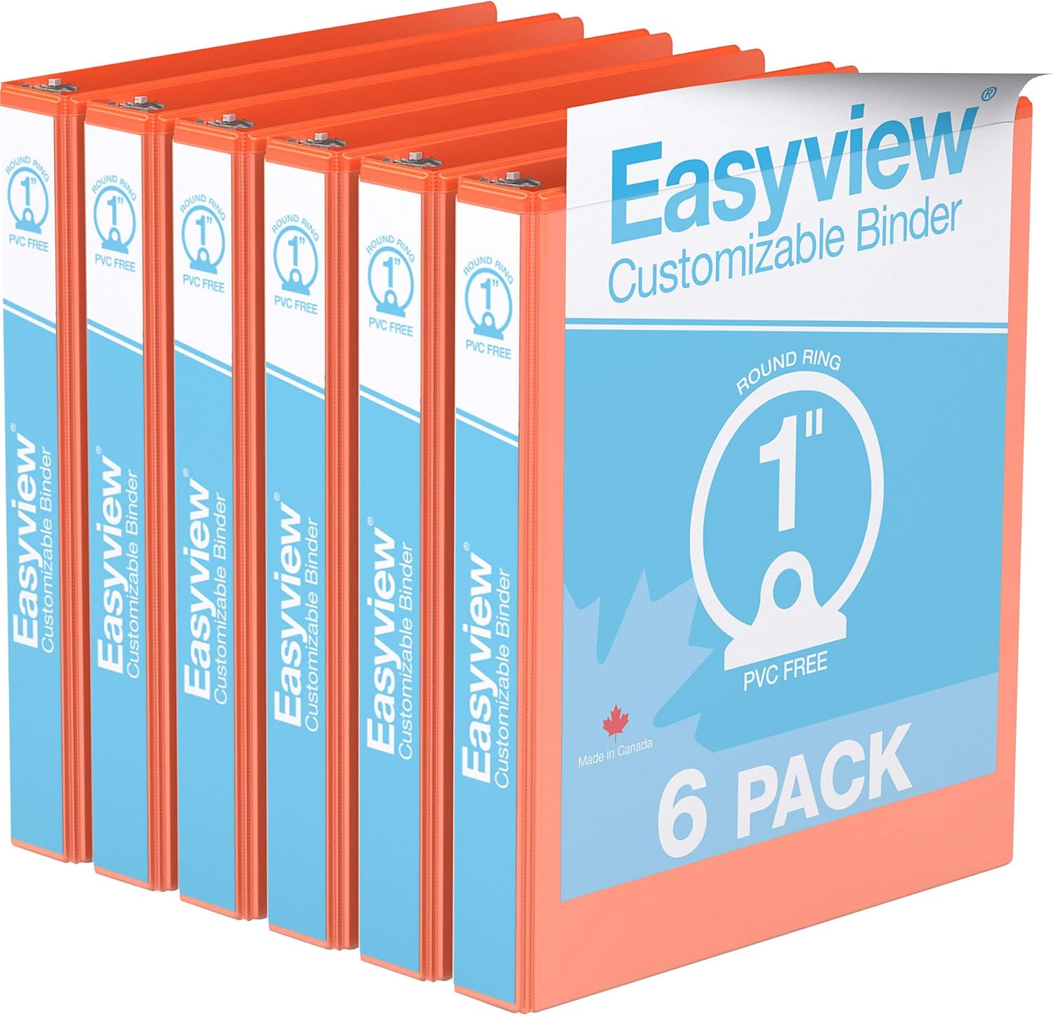 EasyView Premium 1-Inch Binders with Clear-View Covers, 3-Ring Binders for School, Office, or Home, Colored Binder Notebooks, Pack of 6, Round Ring, Orange : Office Products