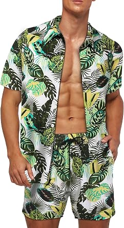 Wirltte Mens Hawaiian Shirt and Shorts Set Tropical Floral Print 2 Piece Outfits