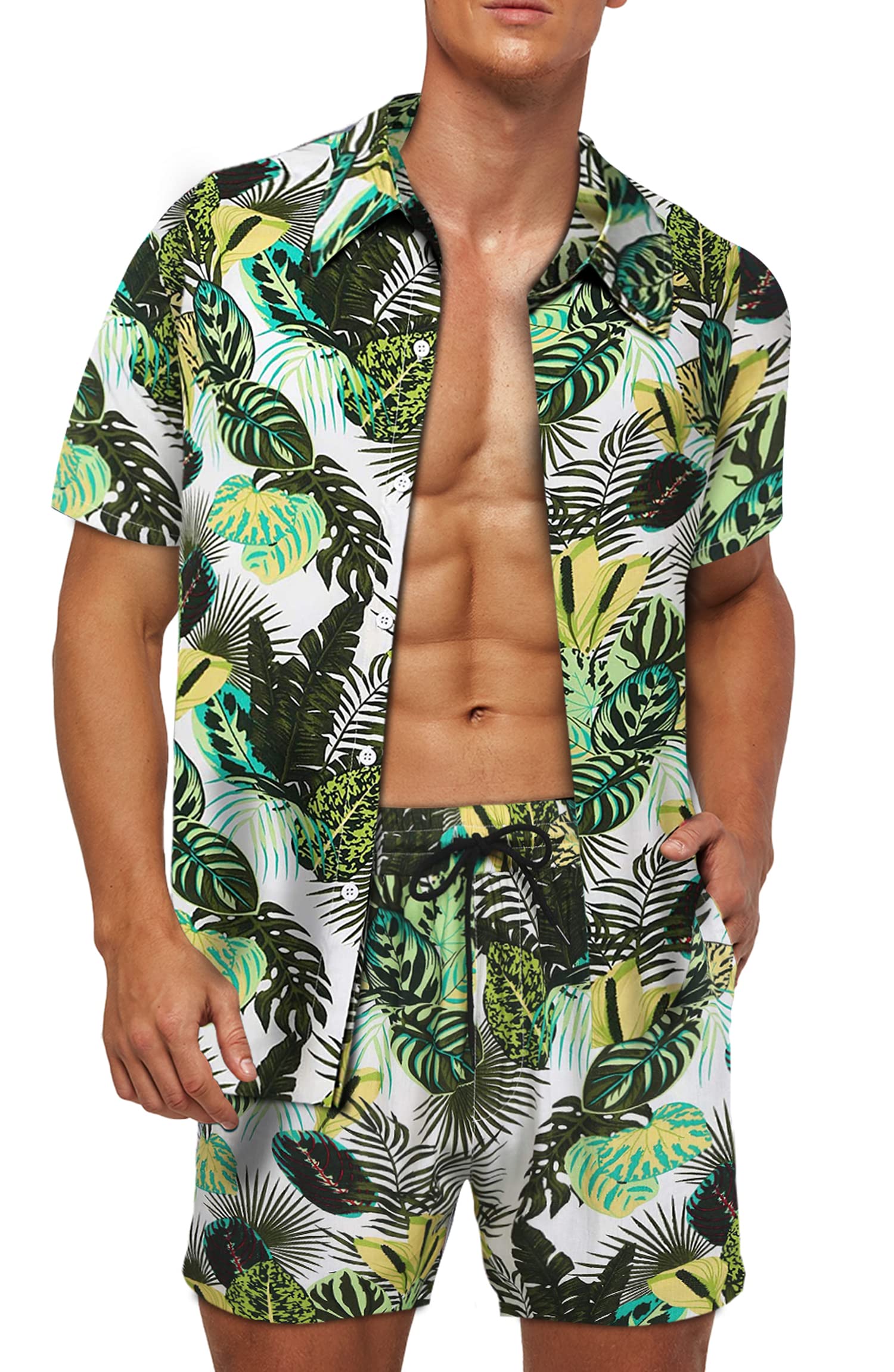 Camicia Hawaiana Uomo E Ragazzo, Colletto Cubano, Stampa Tropicale Verde/Bianco, XXL