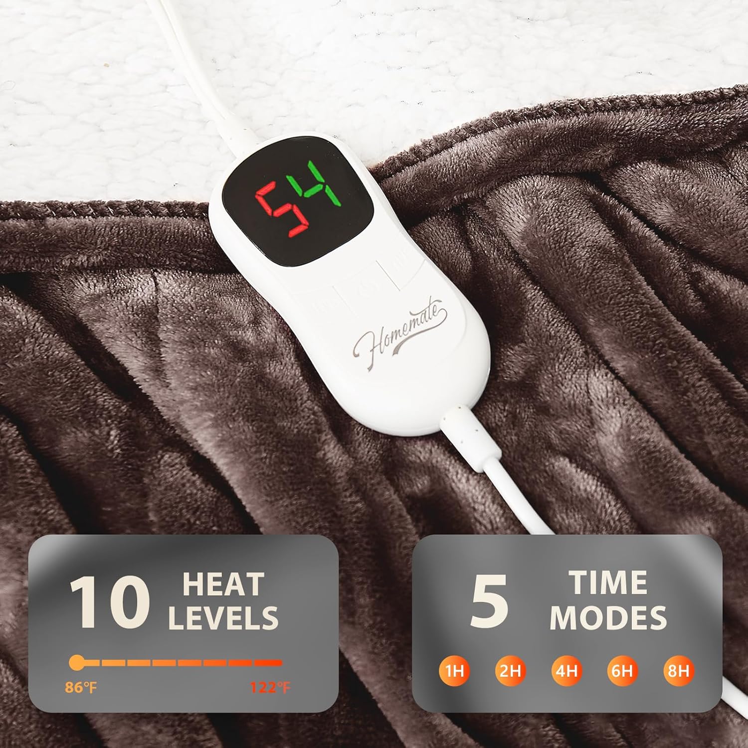 Homemate Electric Heated Blanket Full - 72"x84" Heating Bed Blankets Throw with 10 Heating Levels 8 Hours Auto Off Fast Heating Over-Heated Protection Ultra Soft Warm Flannel ETL Certified Brown - Image 4