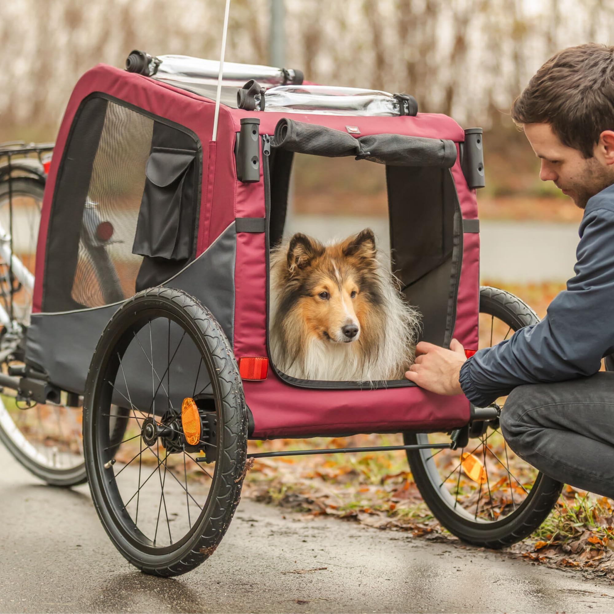 Trixie Fahrrad-Anhänger für Hunde – sicherer Tiertransport – zusammenklappbar – grau und rot – Größe S: 53 × 60 × 60/117 cm